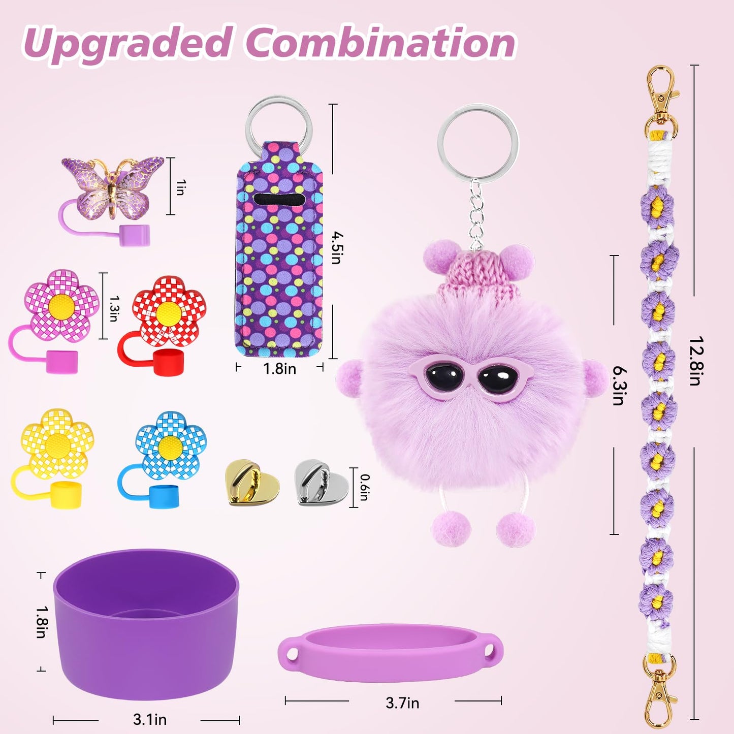 12PCS Stanley Cup Accessories Set,Decoration, Include Water Bottle Handle Strap, Boot, Straw Cover, Chapstick Holder, Charm for Stanley Cup 40oz30oz Tumbler,Purple