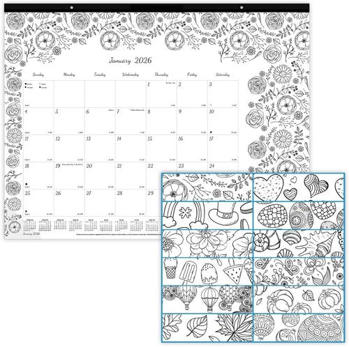 Blueline® 2026 DoodlePlan™ Monthly Coloring Desk Pad Calendar, 12 Months, January to December, 22" x 17", Themes (C2917311-26)