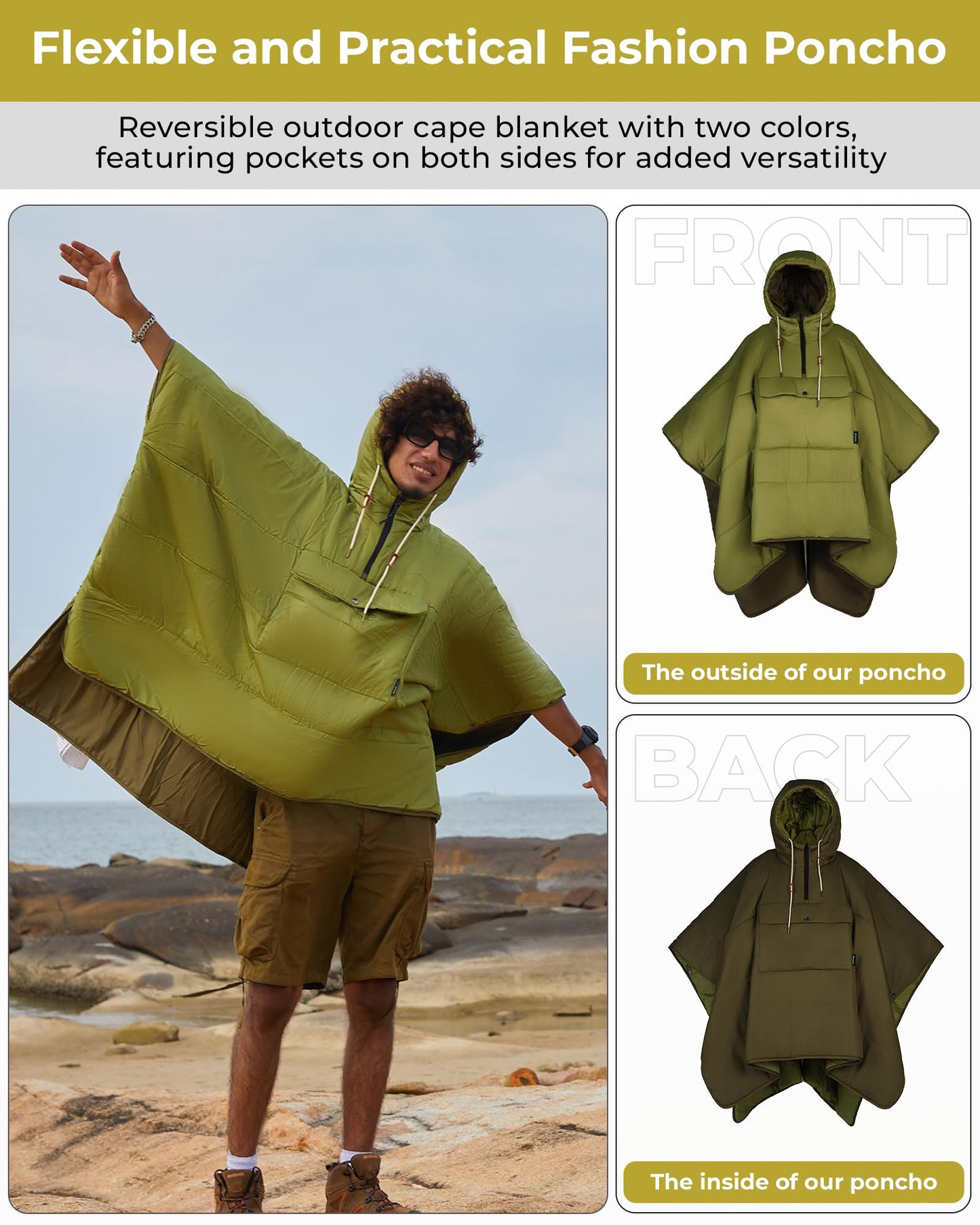 KingCamp Camping Blanket Poncho, Wearable Honcho Hoodie Reversible Cape Windproof Water-Repellent Recycled Poncho with Snap Buttons for Outdoor Camping Hiking Stadium Travel (Green, 66" x 48")