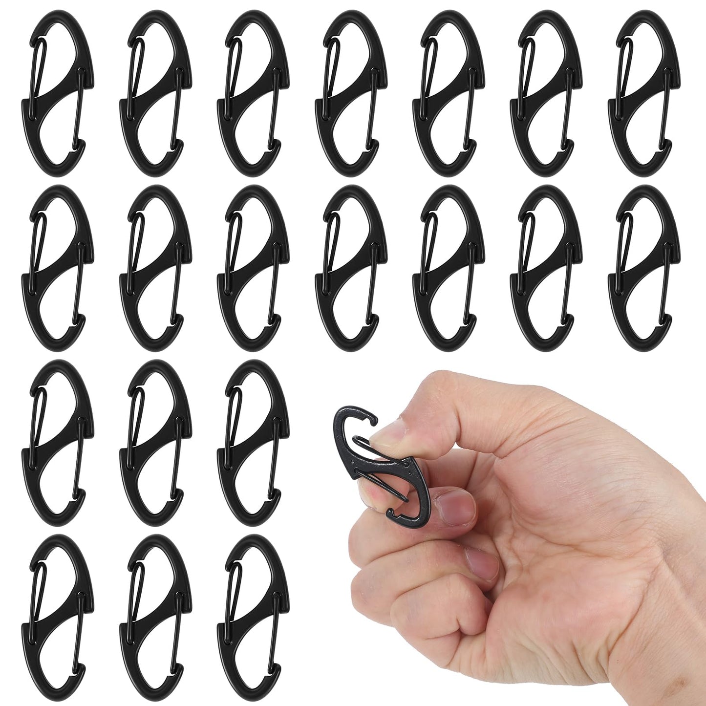 JJUNW 20pc Alloy S Carabiner Clips, Dual Opening Design, Keychain Snap Hooks, Mini Carabiner for Dual Wire Gate Clip Interlocking Keychain Attachment (Black)
