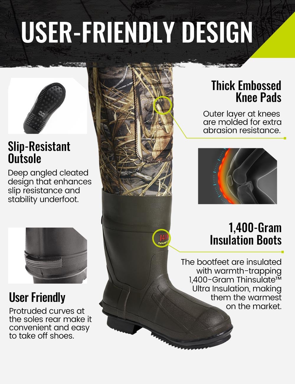 TIDEWE Hunting Wader, 5mm Neoprene Chest Waders with 1400 Gram Insulation Rubber Boots, Waterproof and Seam Sealed Bootfoot Chest Wader for Fishing and Hunting (Next Camo Evos Size 11)