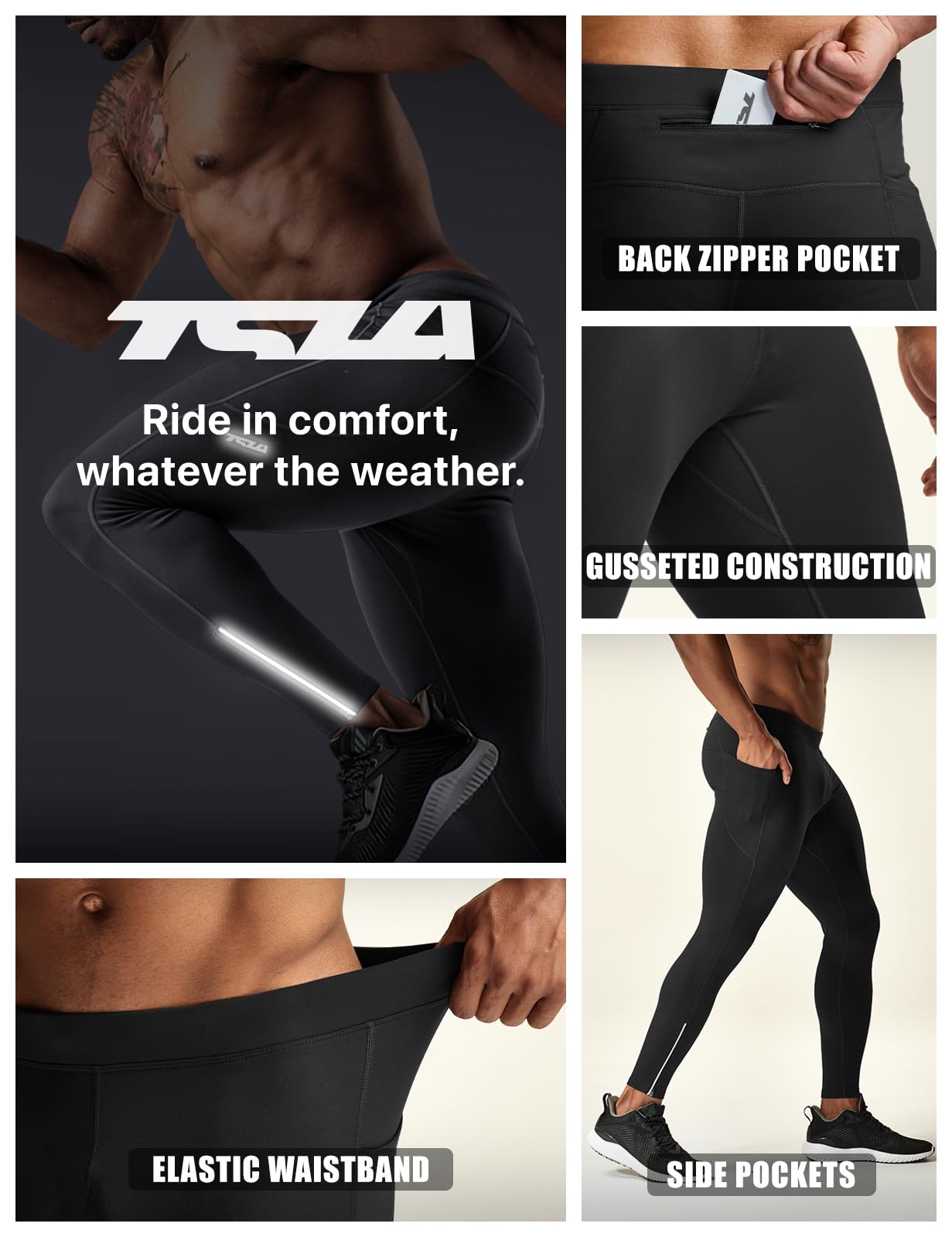 TSLA Men's Thermal Running Tights, Fleece Lined Compression Cycling Pants, Winter Cold Weather Leggings with Zipper Pocket, Running Tights Black, X-Small