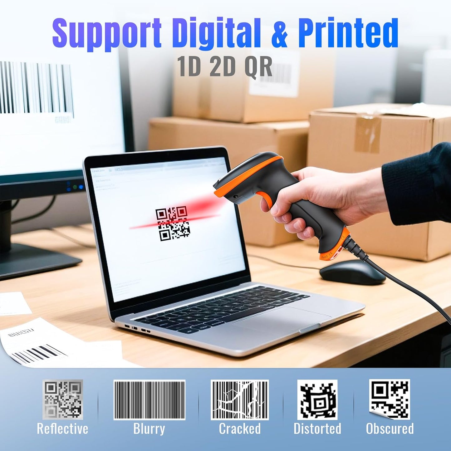 Tera Upgraded USB 1D 2D QR Barcode Scanner Wired, Officially Certified Dustproof Shockproof Waterproof IP65 Ergonomic Handle Fast and Precise Scan for Windows Linux Plug and Play Model D5100Y