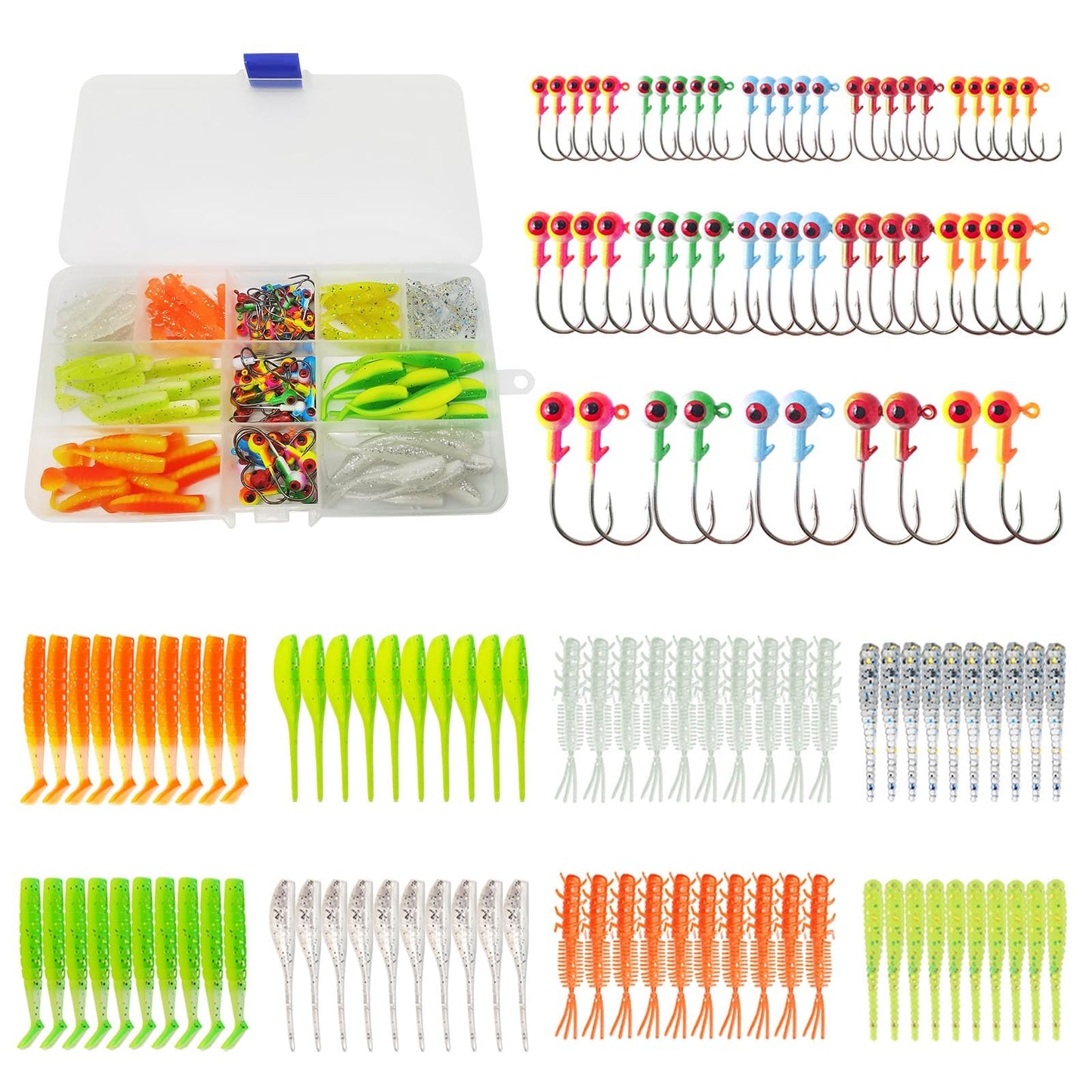 135 Pieces Jig Heads Fishing Hooks kit with Soft Plastic Crappie Lures for Crappie Trout Bass Walleye Bluegill Perch Catfish