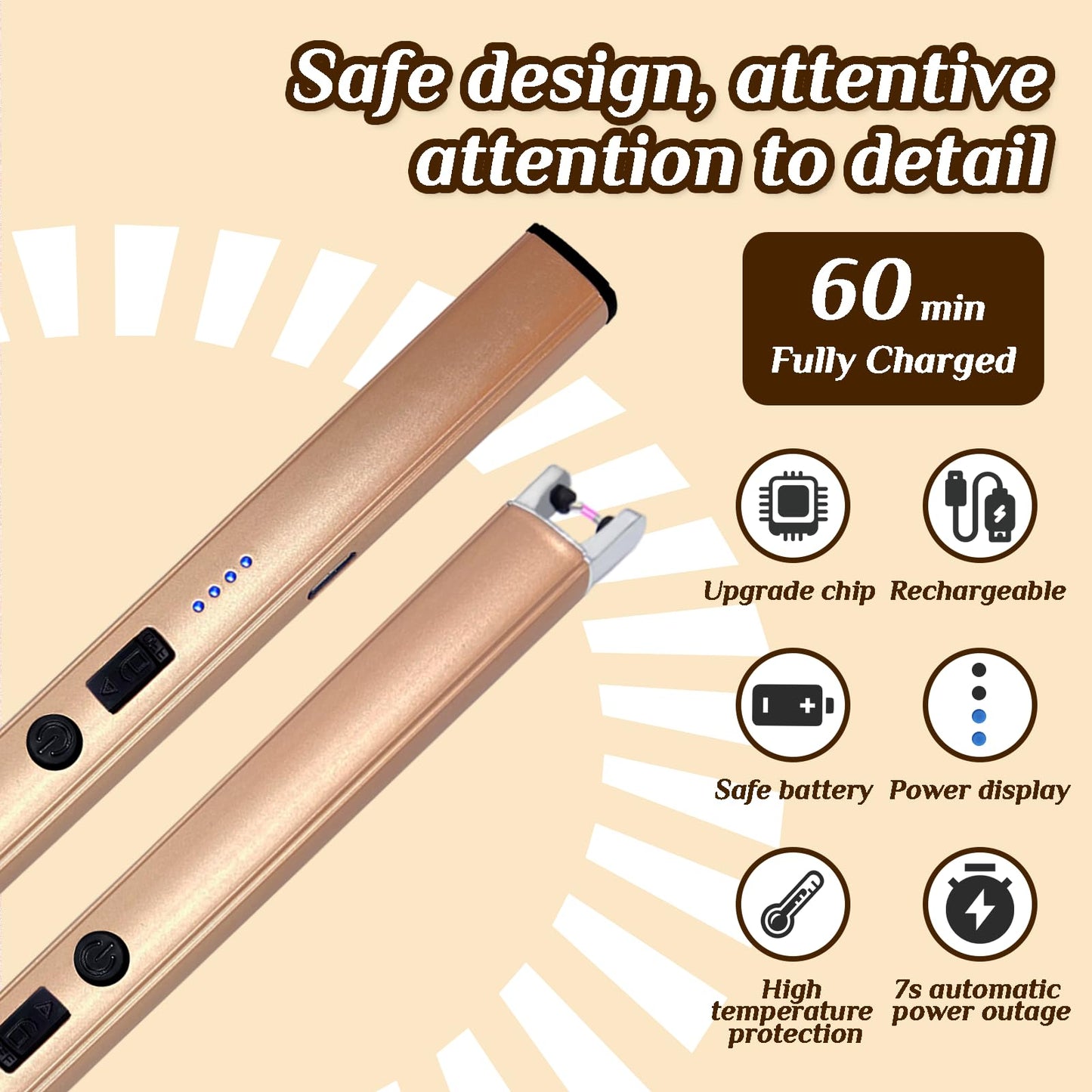 2 PCS Candle Lighter,Windproof Flameless Electric Lighter with LED Power Display & Safety Switch, Upgraded Plasma USB Rechargeable Lighters for Birthday Camping BBQ (Champagne Gold)