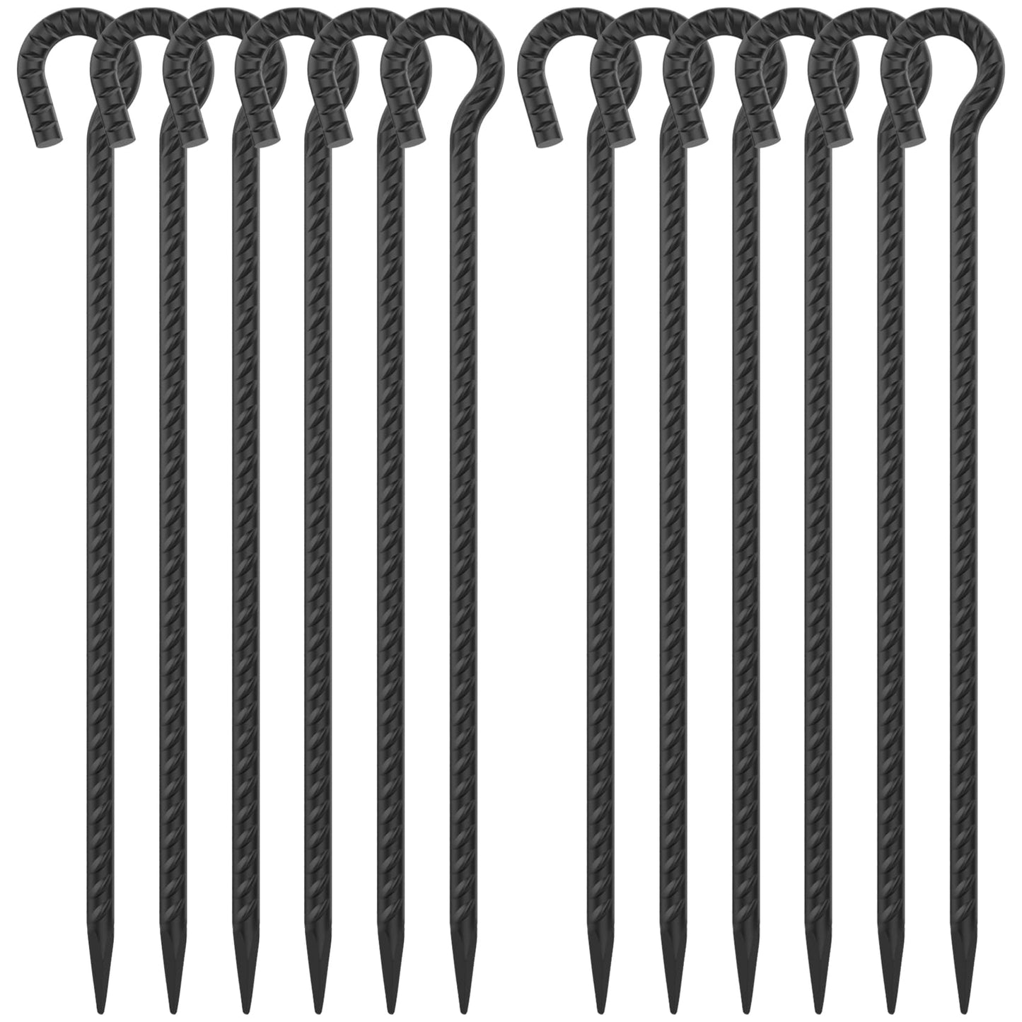 18 Inch Rebar Stakes with Loop 12 Pack Camping Tent Ground Anchors Heavy Duty 1/2 Inch Diameter Metal Tree Stakes and Supports for Leaning Trees, Dog Tie Out Stake, Garden Rope Fence Stakes, Black