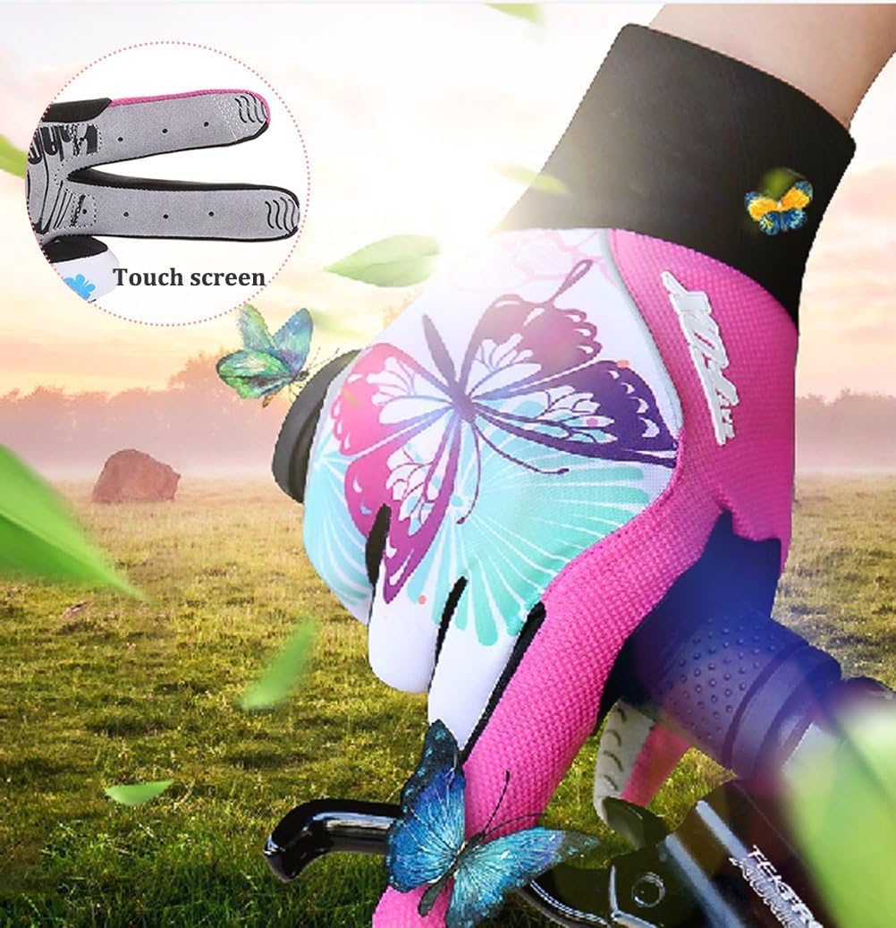 Pink Floral Cycling Gloves for Women | Full Finger Gel Padded Workout Gloves