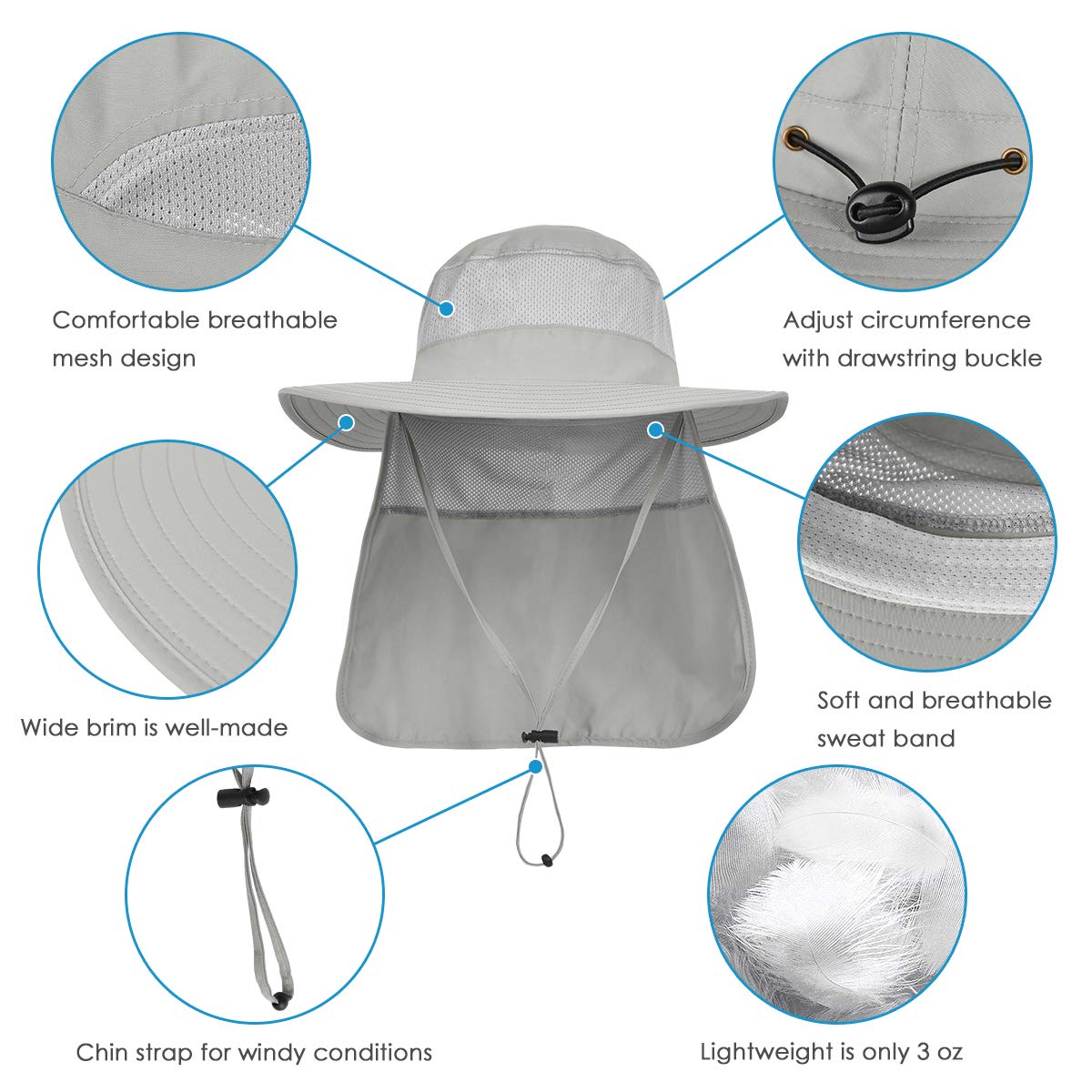 IYEBRAO 3 Pack Mens UV Protection Sun Hat with Neck Flap Summer Foldable Mesh Boonie Cap for Fishing Hiking Garden Work (3 Pack-Dark Grey&Light Grey&Khaki)