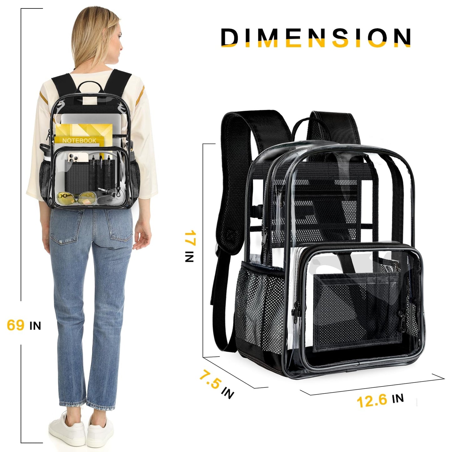 GEAMSAM Clear Backpack Transparent Heavy Duty Bookbag See Through Bag with Reinforced Bottom for College, Travel, Workplace Security - Black