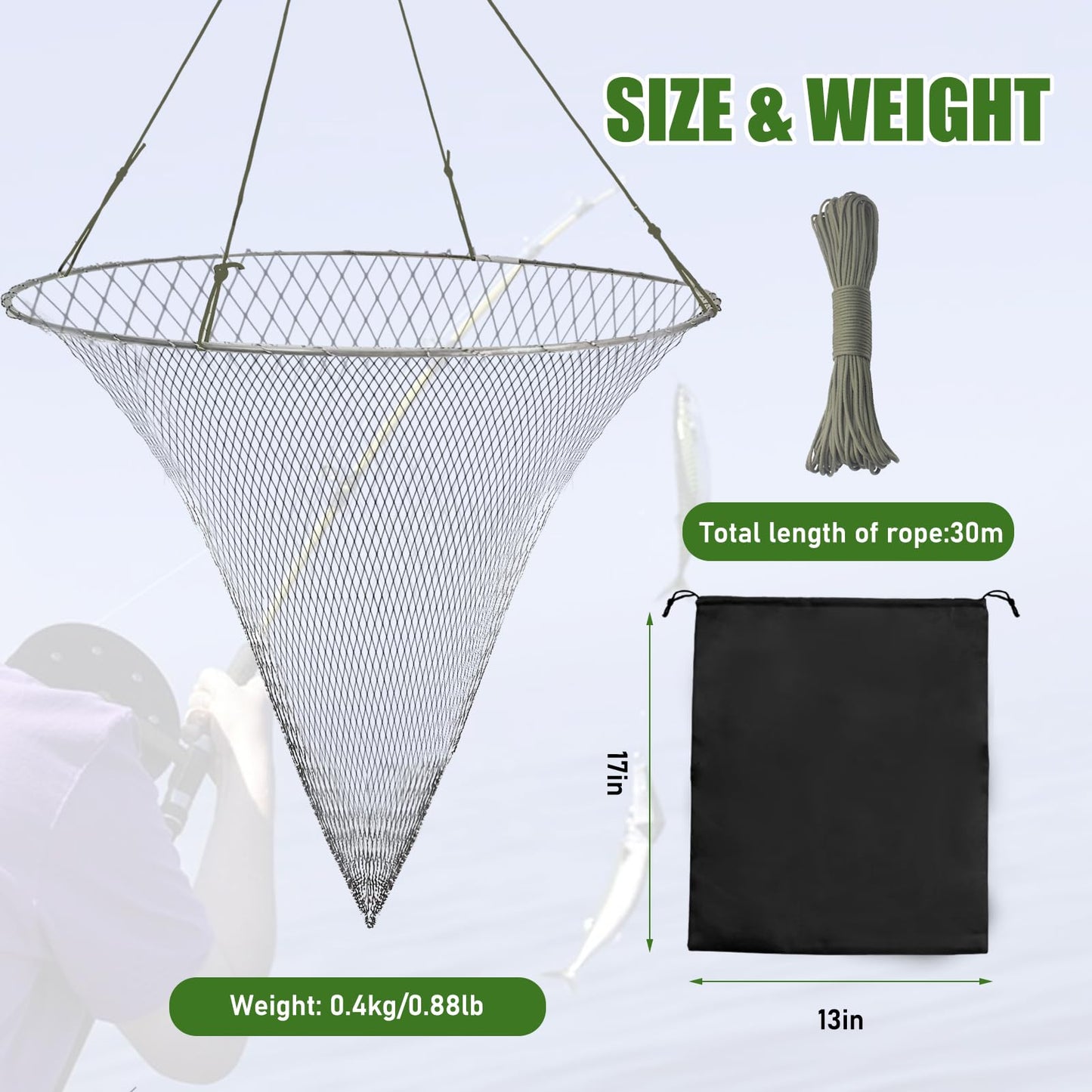 Portable Bridge and Pier Fishing Net with Rope Net, 32" Heavy-Duty Foldable Fishing Cast Nylon Mesh Drop Landing Net for Fishing Pier Crab