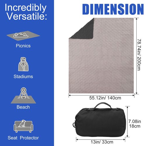 Tranqun 2 Large Outdoor Blanket 78'' x 55'' Quilted Windproof Waterproof Fleece Sandproof Stadium Foldable Warm Blanket for Camping Picnic Sporting Events Cold Weather (Black)