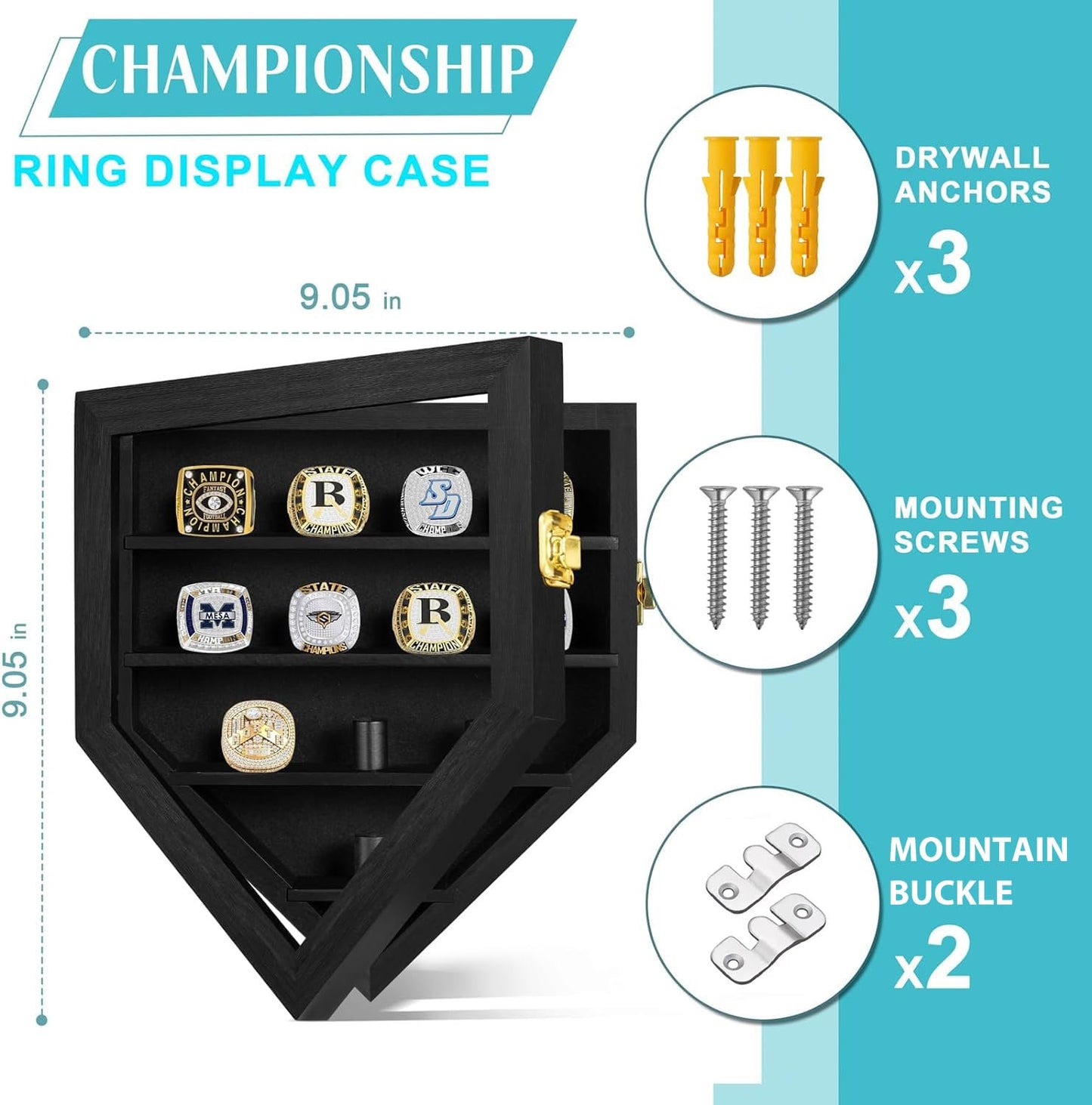 Championship Ring Display Case 12 Ring Posts, Sports Ring Wooden Shadow Box with HD Grass Door 98% UV Protection, Wall Mount Rings Holder for Baseball Basketball Award Rings Champion Souvenirs