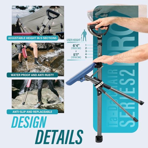 STEP2GOLD Ta-Da Chair Series 2 PRO, Portable Walking Stick, Cane with Seat, Foldable Chair, Hiking Stick, for Camping, Hiking, Lightweight Aluminum, Easy Carry, Anti-Slip (Black)