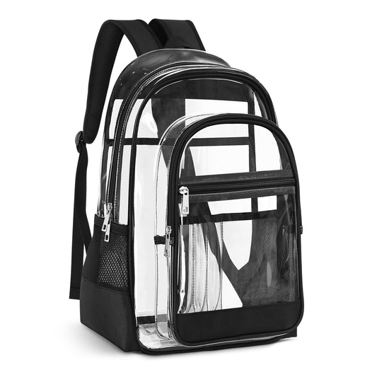 KIMNERPU Clear Backpack, Heavy Duty PVC Transparent Backpack with Reinforced Straps, See Through Multiple Pockets Large Capacity Bookbag for Concert Sport Event Work Security Travel Black-large