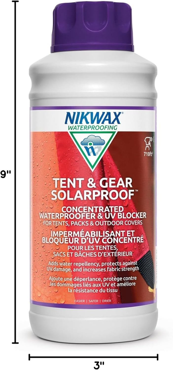 Nikwax Tent & Gear, Tent & Gear Solarproof, 1000ml Concentrate, Waterproofing and UV Protector, Rain Protector, Restores DWR Water Repellency on Outdoor Fabric, Rain Fly, Canvas, Covers, Backpacks
