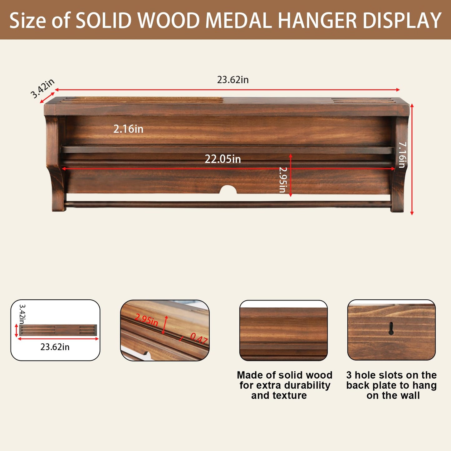 IHEIPYE Solid Wood Medal Hanger Display Shelf Medal Holder, Wall Mount Medal Rack Display Holder for Runners, Marathon, Race Winner,Soccer, Football, Gymnastics & All Sports-Walnut