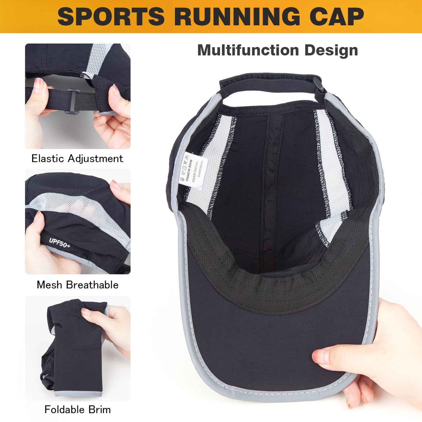 2 Pack Foldable Sports Hat with UPF 50+ Sun Protection Baseball Cap for Men Women Running Cap Quick Dry Portable Hat (Nylon, Dark Grey +Orange)