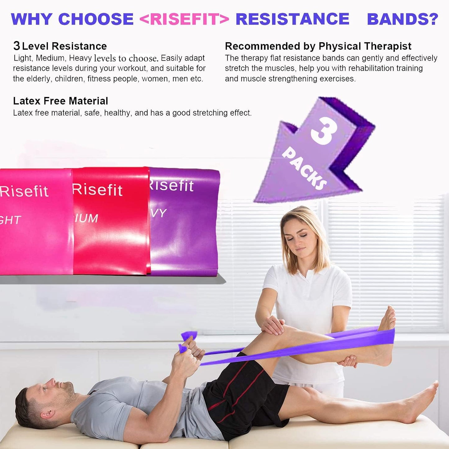 Therapy Flat Resistance Bands Set, Latex Free Flat Elastic Exercise Stretch Bands for Stretching, Flexibility, Pilates, Yoga, Ballet, Gymnastics, Rehab, Workout, Pink, Purple, Blue (3 Pack, 5 FT long)