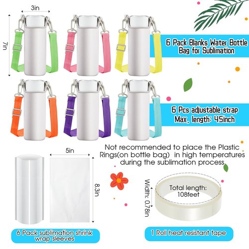 Tanlade Sublimation Water Bottle Bag Blanks 26 oz Include Insulated Blank Water Bottle Holder Shoulder Adjustable Strap 6 Shrink Wrap Bags for Adult Kid Hiking (White,6 Set)
