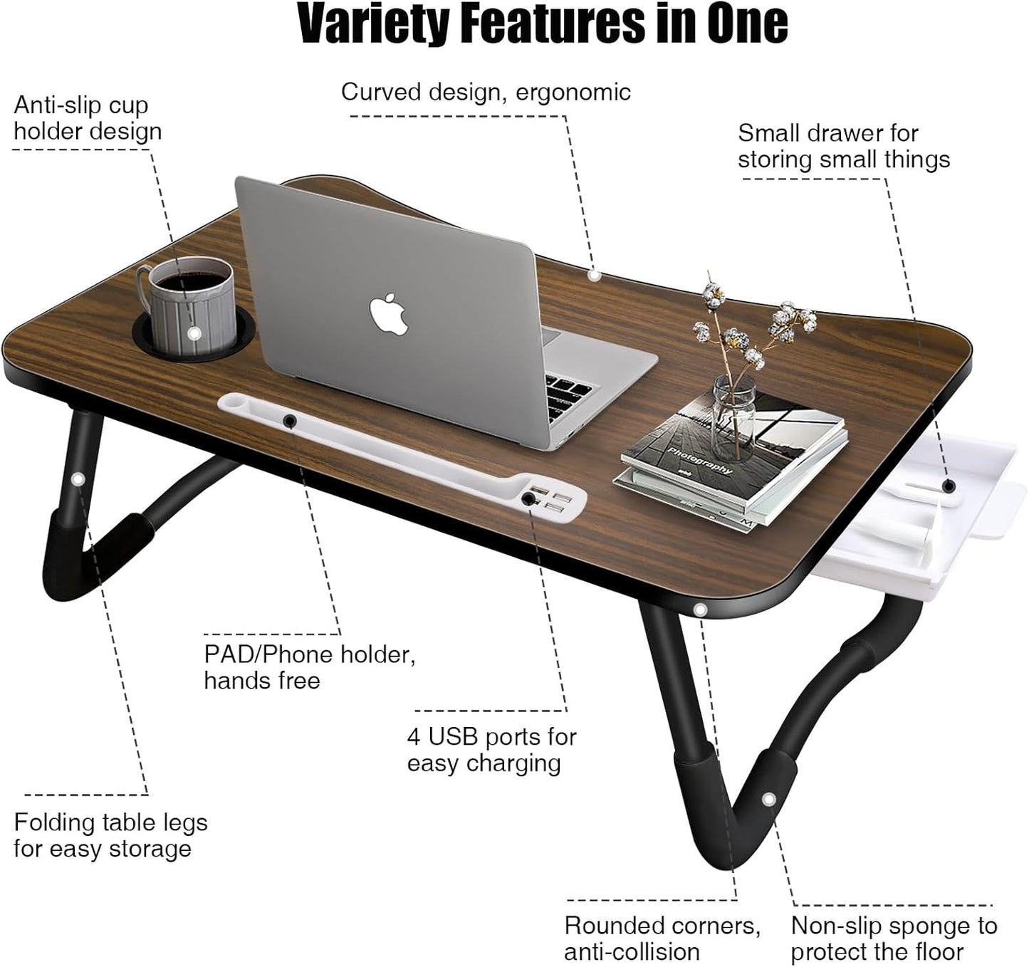 Laptop Bed Desk,Portable Foldable Laptop Lap Desk Tray Table with USB Charge Port/Cup Holder/Storage Drawer,for Bed/Couch/Sofa Working, Reading