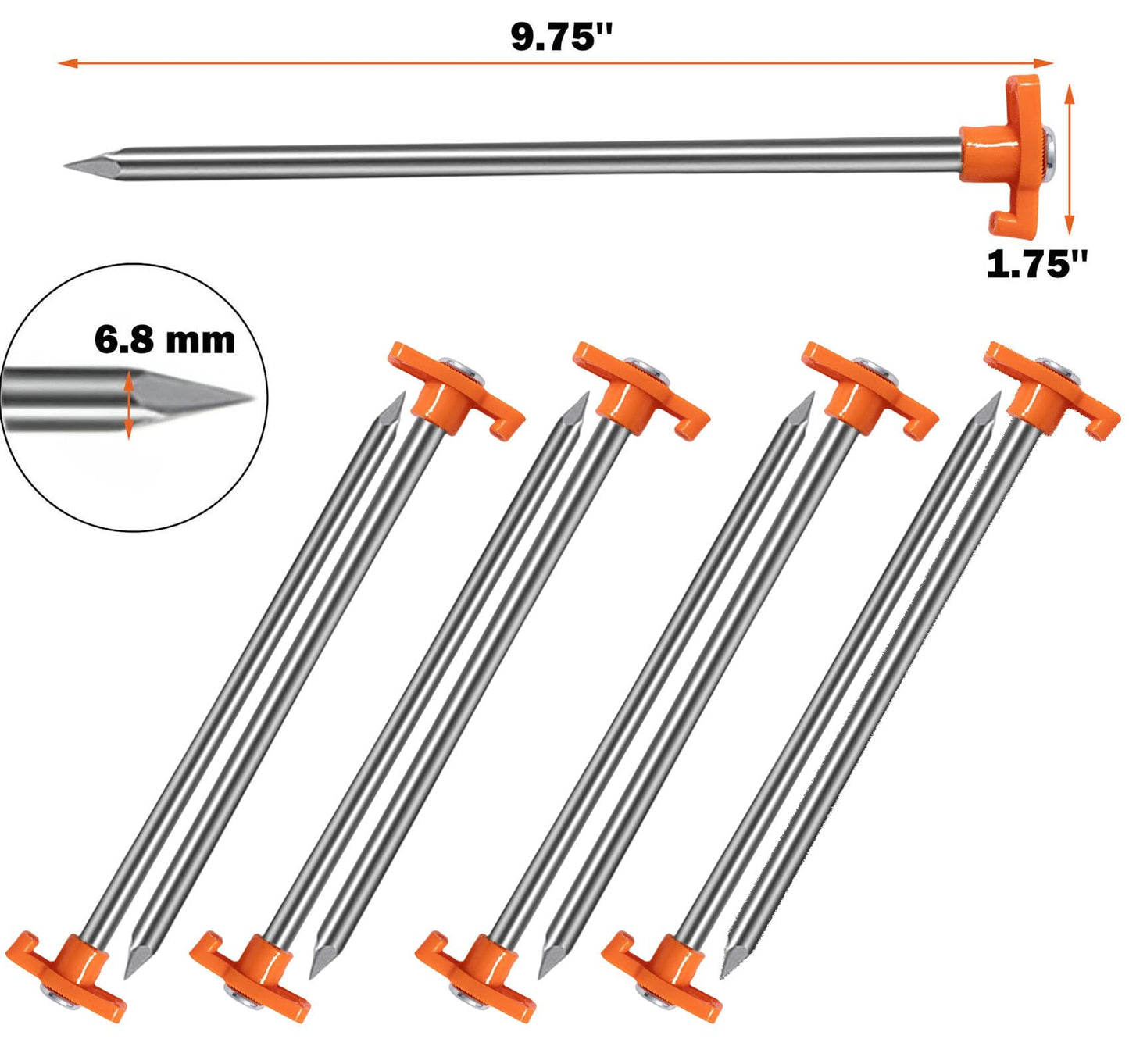 Cheardia 20 Pack Tent Stakes Heavy Duty, 9.75 Inch Yard Stakes Non-Rust Metal Tent Pegs Ground Stakes Tent Spikes for Camping Patio, Garden, Canopies, Grassland, Outdoor, Orange