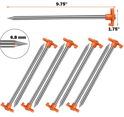 Cheardia 20 Pack Tent Stakes Heavy Duty, 9.75 Inch Yard Stakes Non-Rust Metal Tent Pegs Ground Stakes Tent Spikes for Camping Patio, Garden, Canopies, Grassland, Outdoor, Orange
