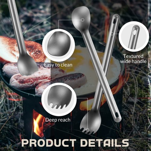 Minatee 4 Pieces Titanium Long Handle Spork and Spoon 8.4 Inch Ultralight Portable Flatware Lightweight Soup Spoon Camping Spork Utensil for Outdoor Camping Backpacking Hiking Travel Picnic (Silver)