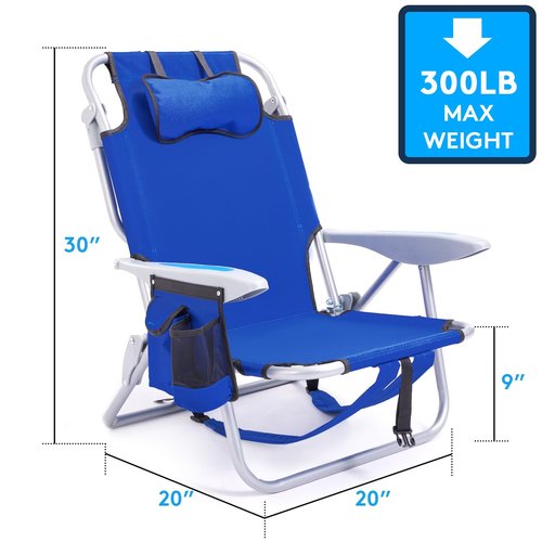 Canpsky Portable Beach Chair for Adults, Outdoor Camping Chair Lay Flat Folding Backpack Beach Reclining Chair with 5 Positions, Headrest, Zipper Pouch, Cup Holder, Blue