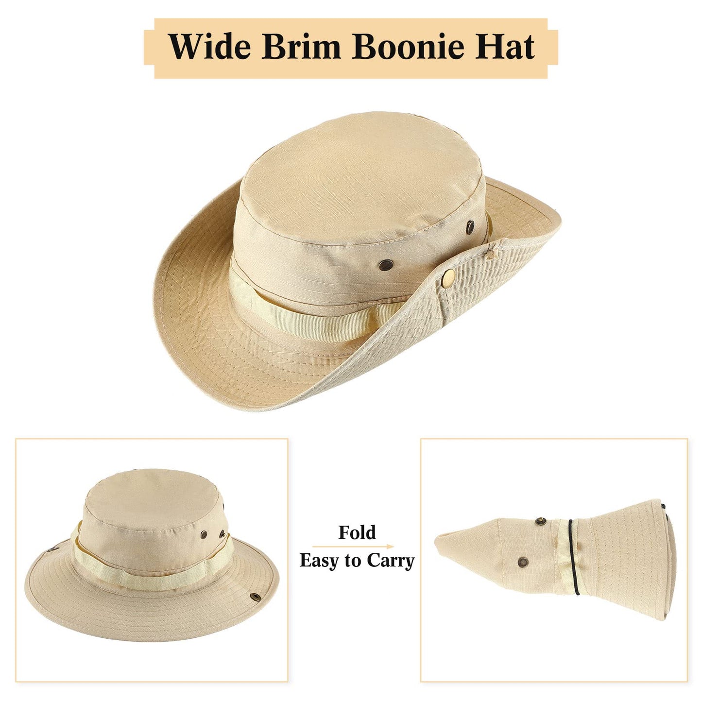Xtinmee 10 Pieces Bucket Hat Bulk Wide Brim Boonie Hiking Fishing Safari Hat with Chin Strap for Women Men Adult Summer(Khaki)