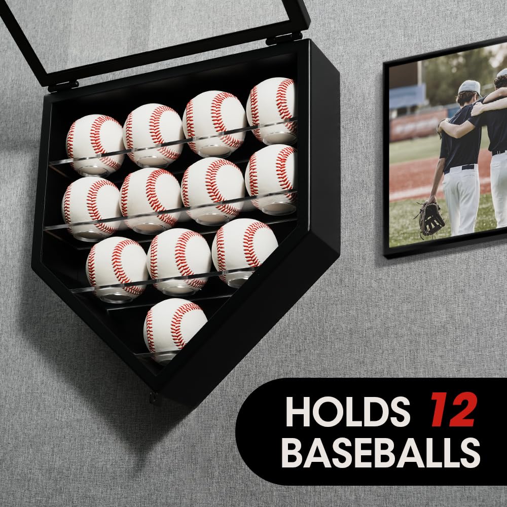 J JACKCUBE DESIGN Baseball Display Frame Case 12 Balls Holders with UV Protection Acrylic Door Wall Mount Shadow Box Cabinet Shelf for Home Run Autographed Collection Memorabilia Ball- MK955A