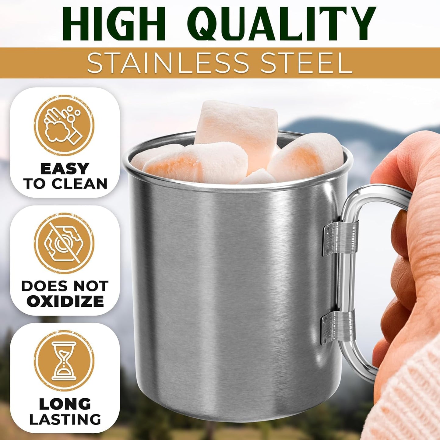 13.5 Oz Stainless Steel Camping Mug with Carabiner - Metal Camping Cup for Traveling, Lightweight and Heat-Resistant, Durable and Easy to Clean Hiking Cup, Comfortable to Hold and Drink