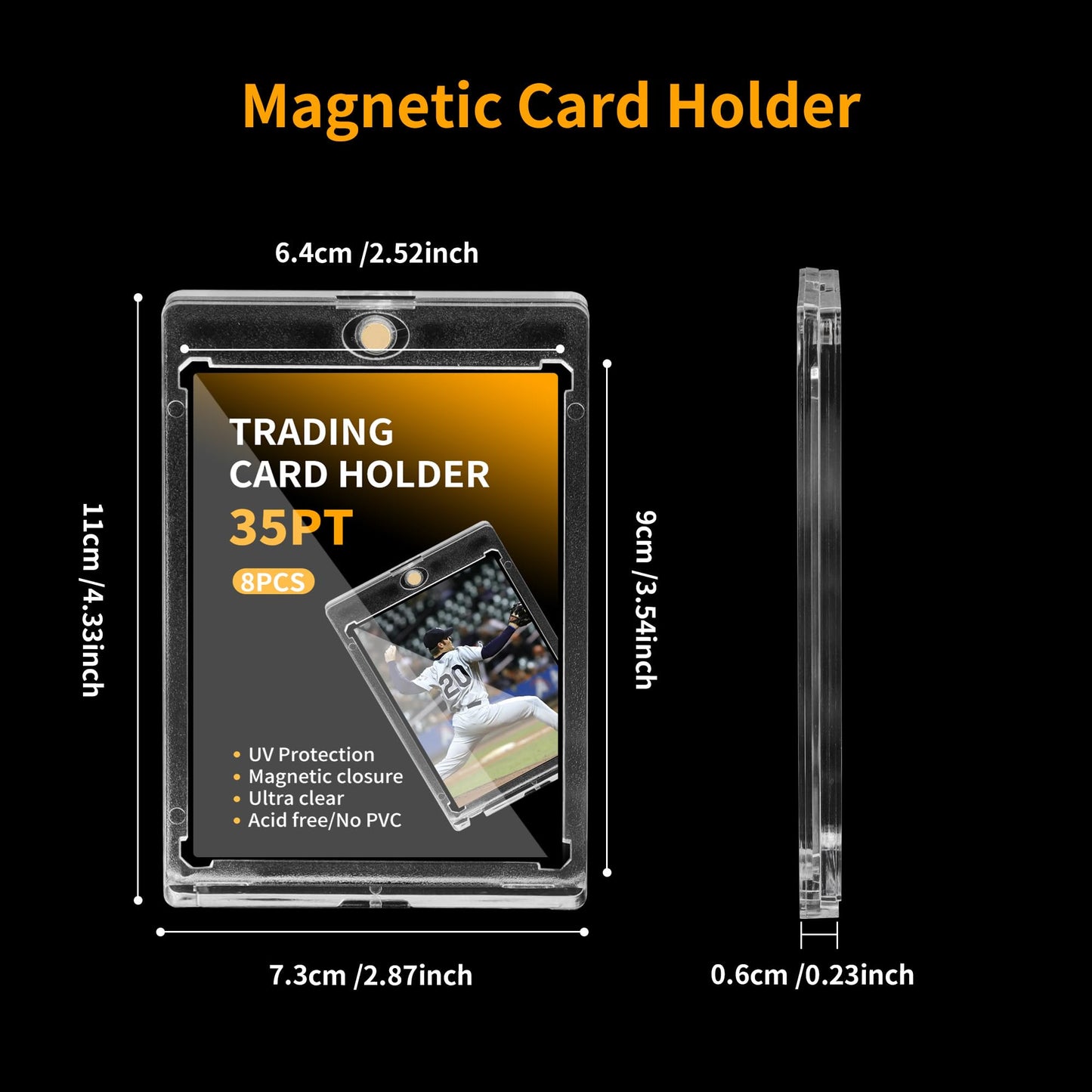 8 Pack - Magnetic Card Holder, 35PT Magnetic Trading Card Holder, Baseball Card Holders, Hard Acrylic Card Cases, Card Protector for Game Baseball Football Soccer Sports Cards, Fit for Standard Card