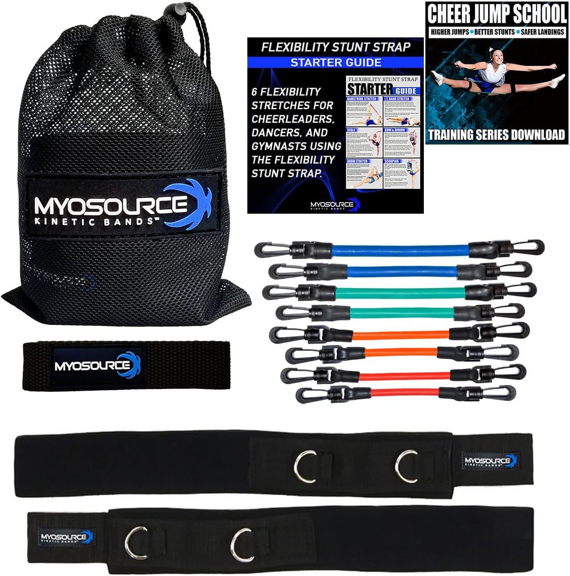 Cheer Kinetic Bands Cheerleader Flexibility and Strength Training | Improve Jumps, Stunts, Landings | 4-Level Leg Resistance Bands & 12 Stunt Strap Color Options, Digital Training Downloads