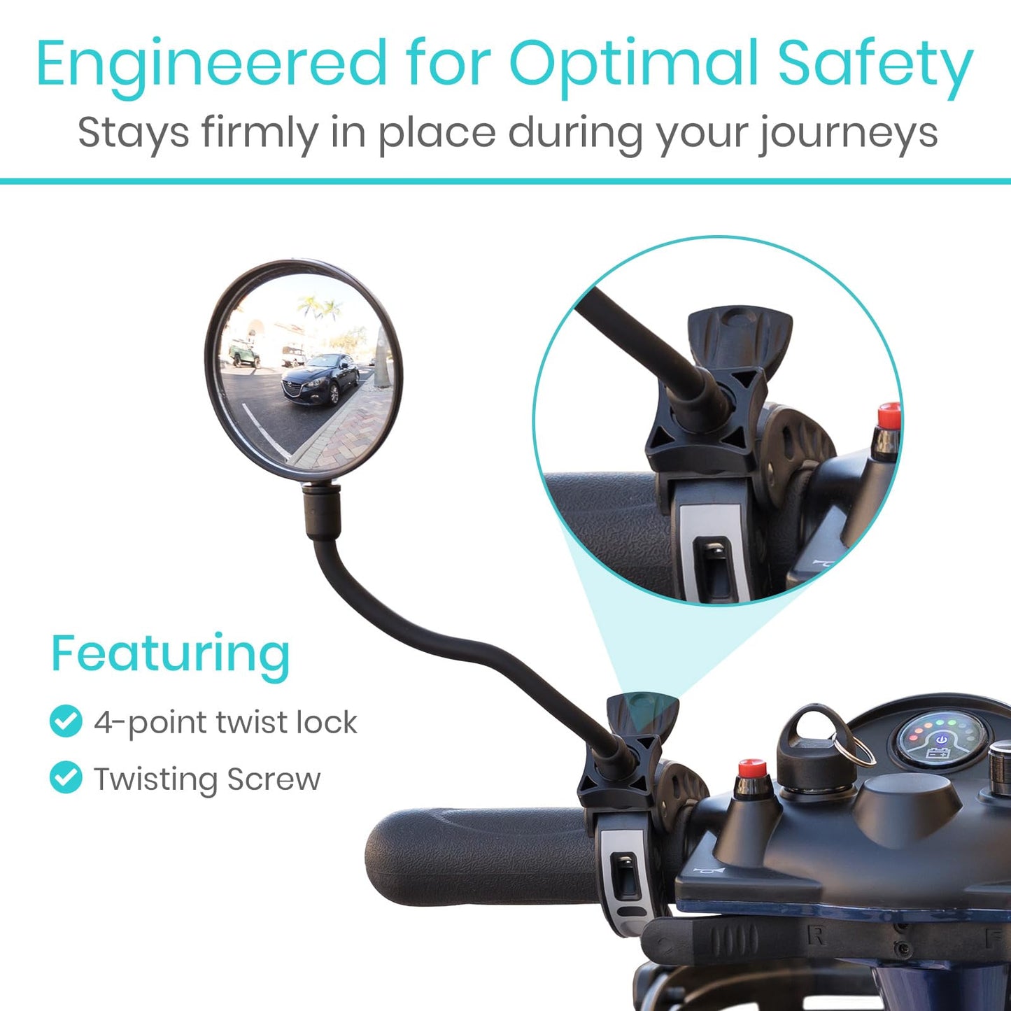 Vive Rear-View Side Mirror - Designed for Scooters, Bikes, Motor Vehicles, Bicycles, Handlebars - Clamp On Scratch Resistant Glass - 360 Rotatable, Adjustable, Universal Fit, Wide Angle Safety Support