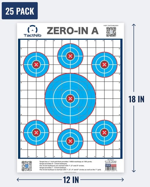 TactNib - Zero-in A Paper Targets - 12 x 18 Inches Cardstock - Designed and Made in USA - 25 Pack - PN P01Z01-025T - Free Mobile App