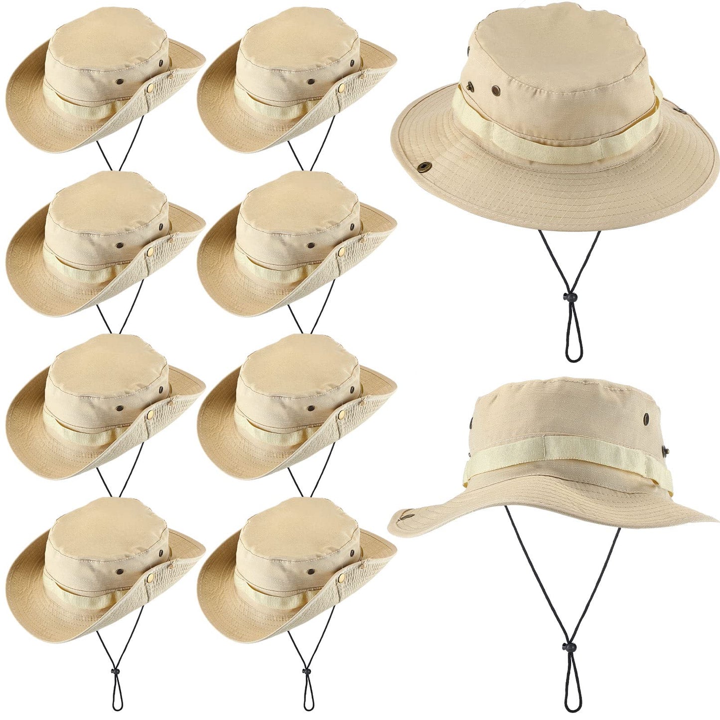 Xtinmee 10 Pieces Bucket Hat Bulk Wide Brim Boonie Hiking Fishing Safari Hat with Chin Strap for Women Men Adult Summer(Khaki)