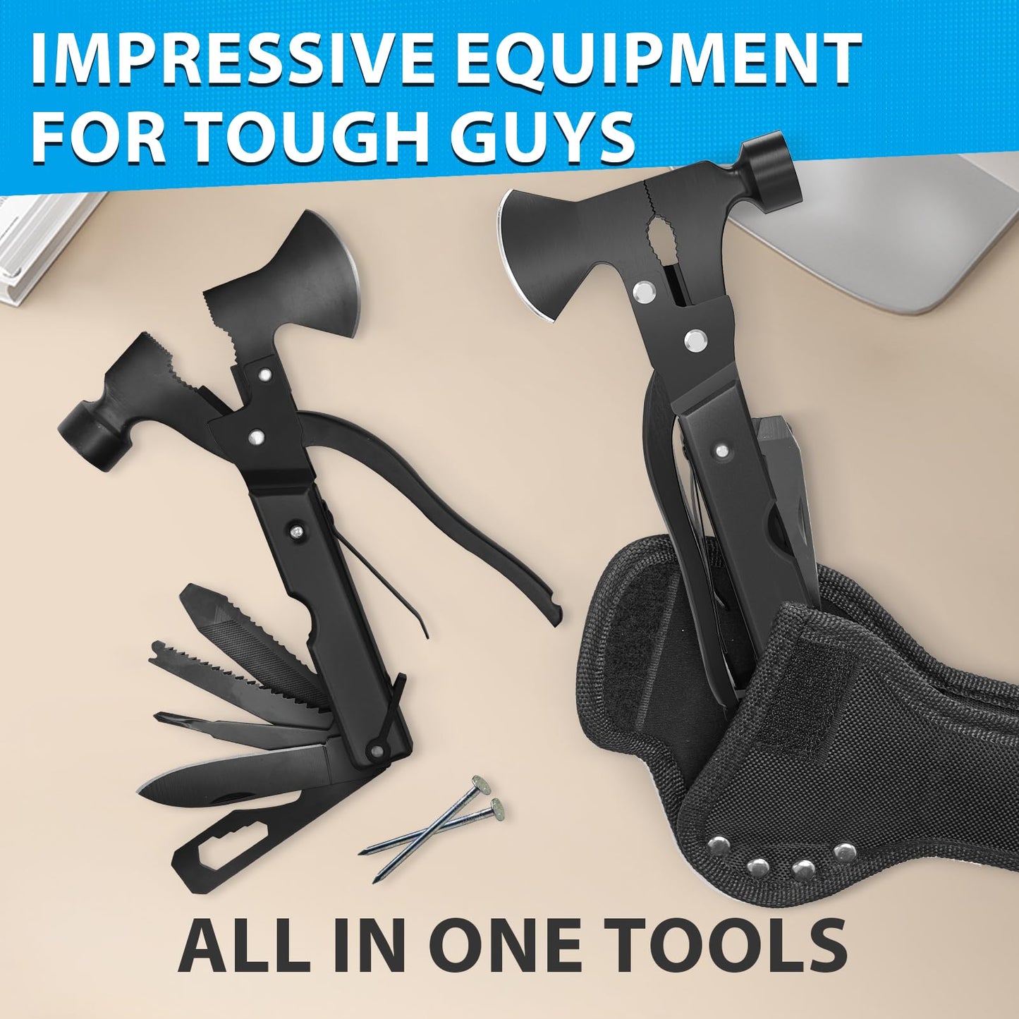 15 in 1 Multitool Axe Hatchet, Camping Accessories Survival Gear, Multi Tool Gifts for Camping Hiking Survival, Fathers Day Dad Gifts from Daughter Wife Son, Cool Gadgets Gifts for Men, Dad, Black
