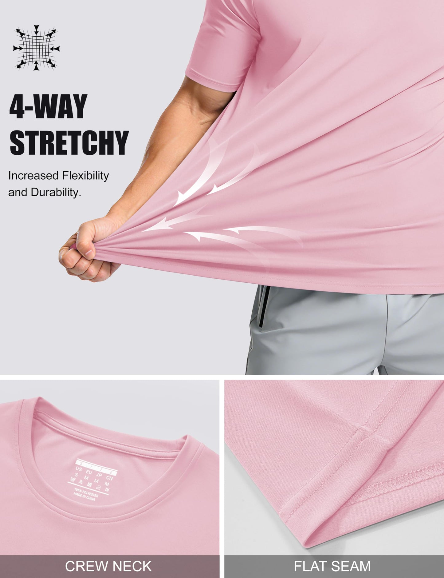 Mens Quick Dry T-Shirt - Short Sleeve Running Shirt - Sun Protection - Active - Light Pink - 2XL