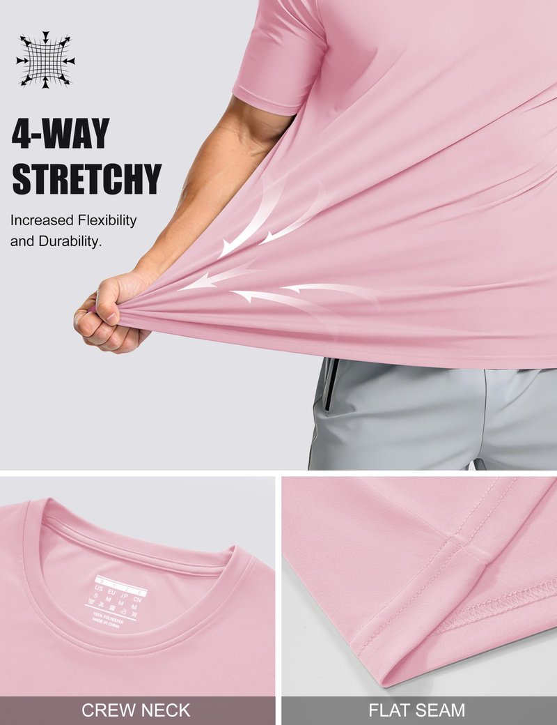Mens Quick Dry T-Shirt - Short Sleeve Running Shirt - Sun Protection - Active - Light Pink - 2XL