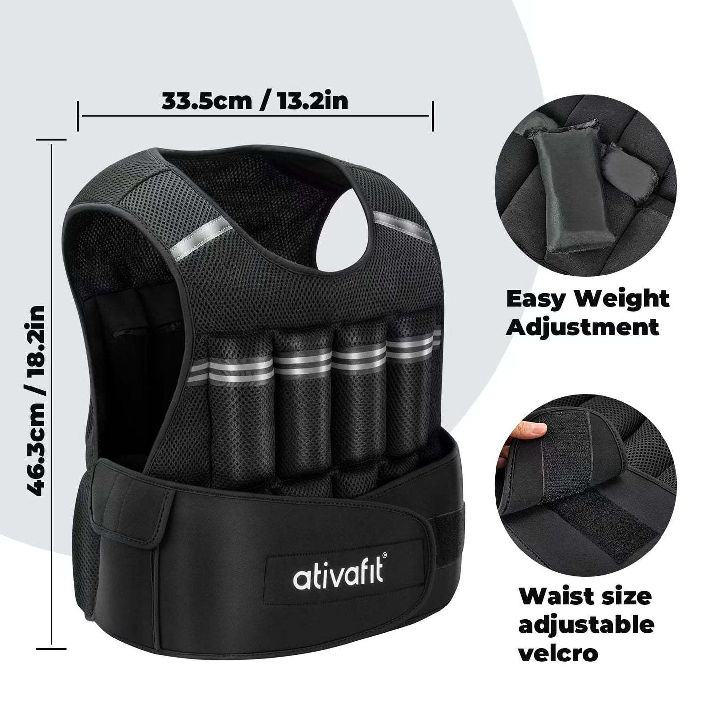 Ativafit Adjustable Weighted Vest Women Men with Reflective Design 2 4 6 8 10 12 14 16 18 20 22 Lbs Running Vest for Strength Training, Walking, Jogging, Weightlifting, Running Men Women Kids 2-22 Lbs (Black)