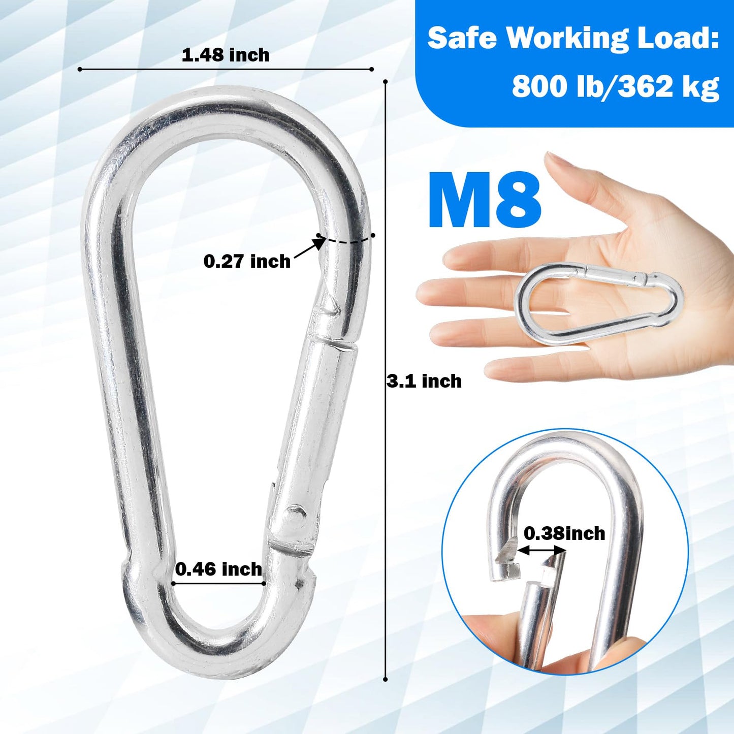 3.1 Inch M8 Stainless Steel Spring Snap Hook, Holds to 396lb/180kg (Max) for Bowflex Home Gym Accessories 304 Stainless Steel Metal Clip Silver 6- Pcs