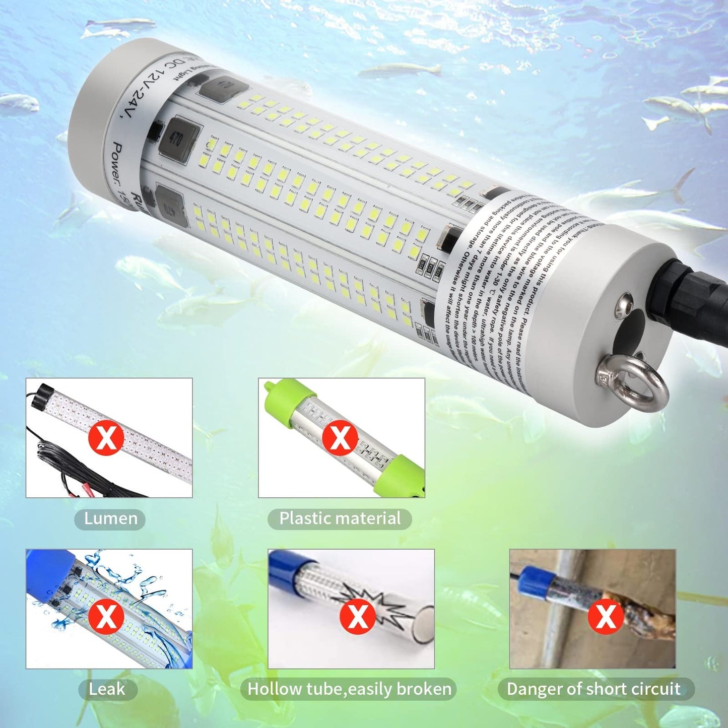 150W 20900lm Underwater Fishing Light, IP68 Waterproof Aluminum Super Bright Night Fish Attracting Submersible LED Lamp Lure Bait Finder for Freshwater Saltwater Sea Kayak Ice Dock (150W White)