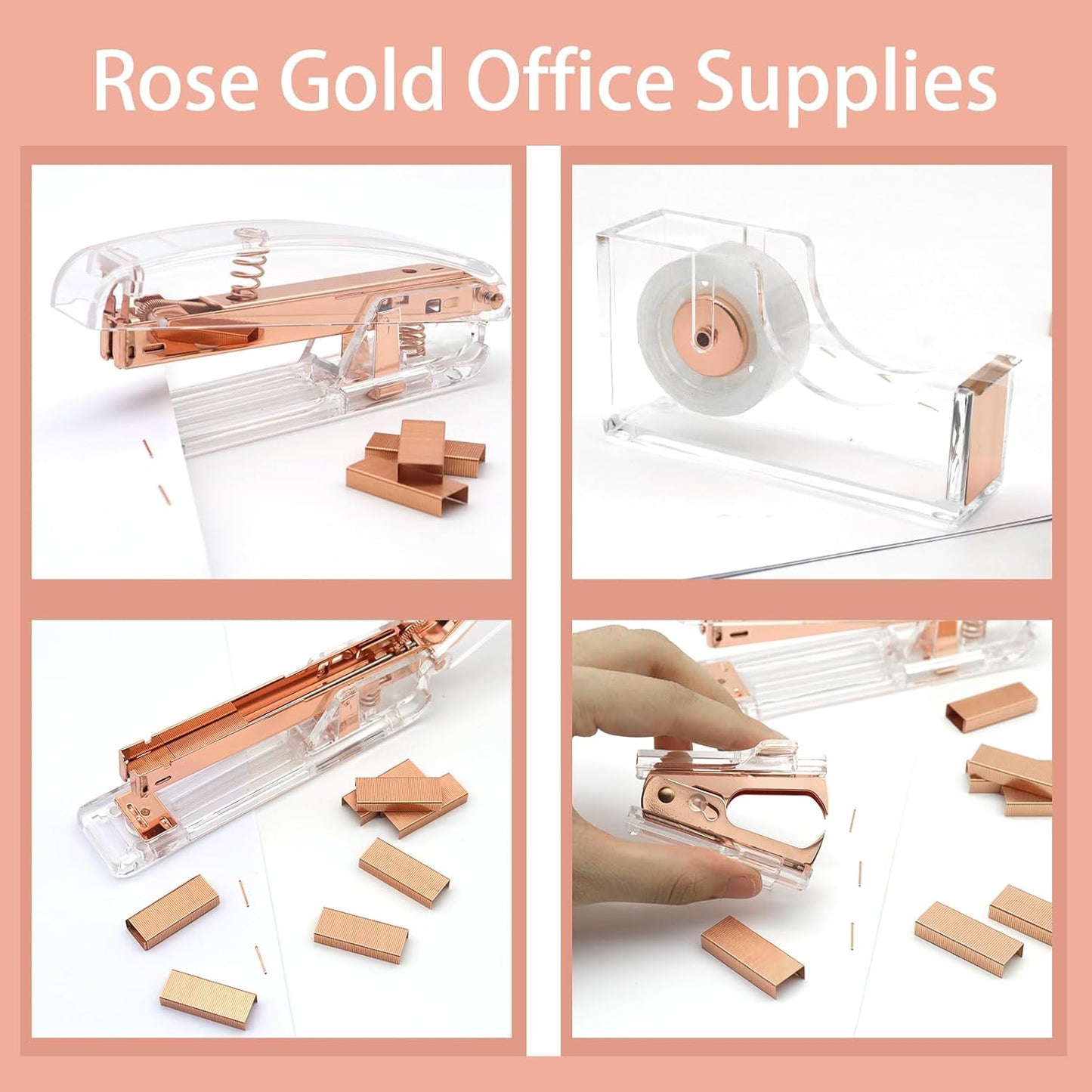 White Office Supplies, UPIHO White Desk Accessories, Stapler and Tape Dispenser Set for Women with Stapler,Tape Dispenser, Staple Remover, Staples,Scissor and Tabs for Students Office Clerks