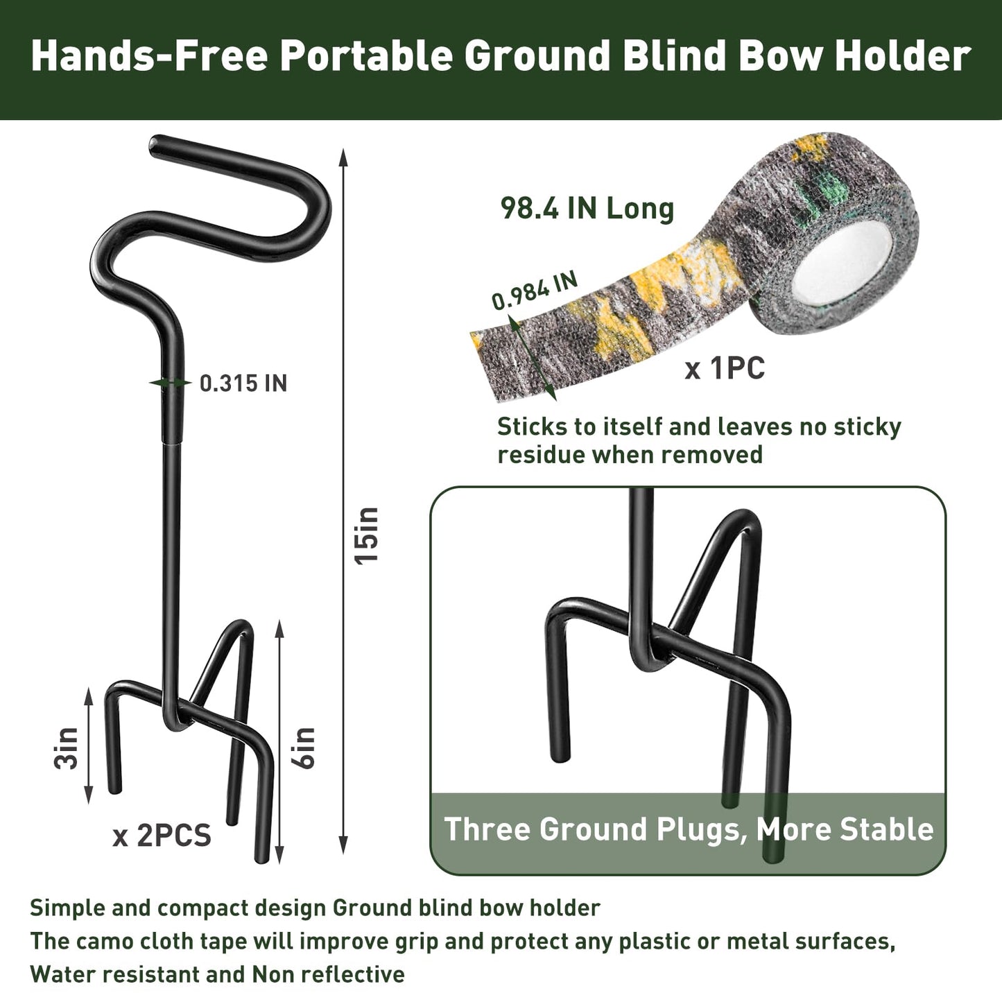 2 Pack Ground Bow Holder, Rustproof Hunting Ground Blind Bow Holder with Self-Adhesive CamouflageTape Rubber Coated Compound Bow Holder Versatile Archery Ground Stake Bow Stand for Hunting Practice