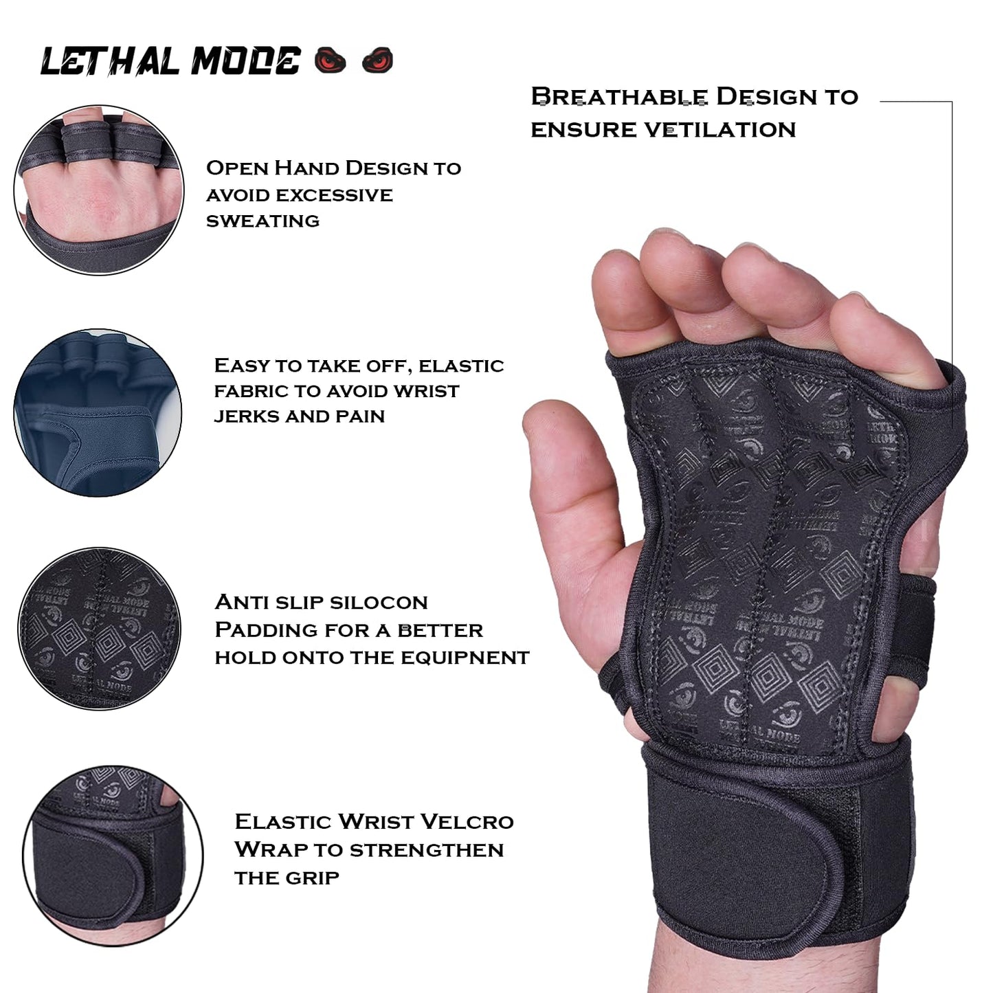 LETHAL MODE Workout Gloves for Men & Women – Fingerless Weight Lifting Gloves with Wrist Support for Gym, Crossfit, and Exercise – Durable Grip for Weightlifting, Cycling & Training (D1, X-Large)