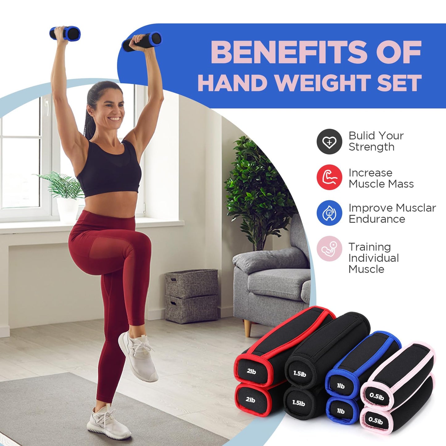 Hollowfly 4 Pair Soft Hand Weights Set for Women Men, 0.5lb 1lb 1.5lb 2lb Soft Dumbbells Walking Weights Small Weight Set Exercise Weights with Hand Strap for Running Workout Physical Aerobics