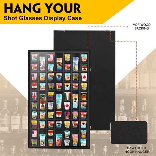 Black Shot Glass Display Case Large 61 Slots Glass Display Holder Wall Mounted Storage Shadow Box with UV Protection Acrylic Glass Door for Room Decor