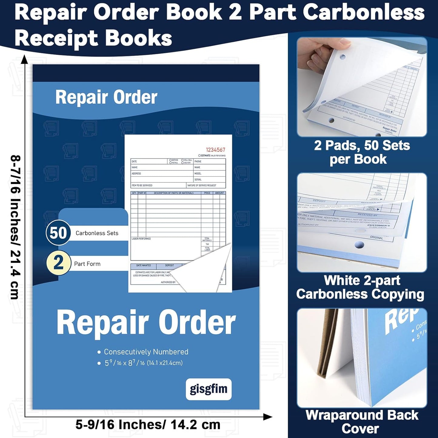 gisgfim 2 Pad Repair Order Book 2 Part Carbonless Receipt Books Consecutively Numbered with Claim Check Stub Invoice Receipt Book Work Order Form Receipt Book Order for Small Business 50 Set per Pads
