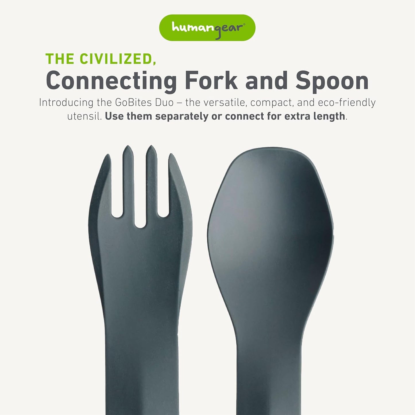 humangear GoBites Duo and Bio Duo Travel Silverware, Full Size Portable Fork & Spoon, Reusable Utensil Set, PC and BPA-free, Food-Safe Nylon or Plant-Based Resin, Extended - 9.1” X 1.6”