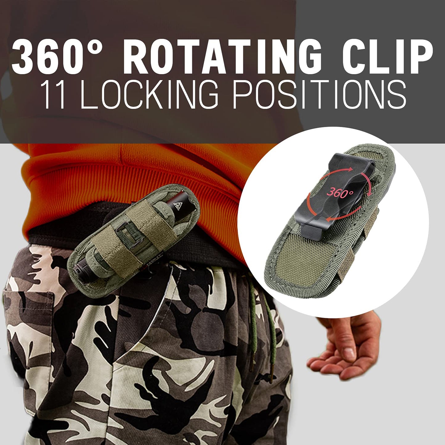 TH1 Tactical Flashlight Holster Duty Belt Pouch Open-end Stretchable Rotatable Clip 360 Degree Holder for Police Military Security Belt (Olive Green)